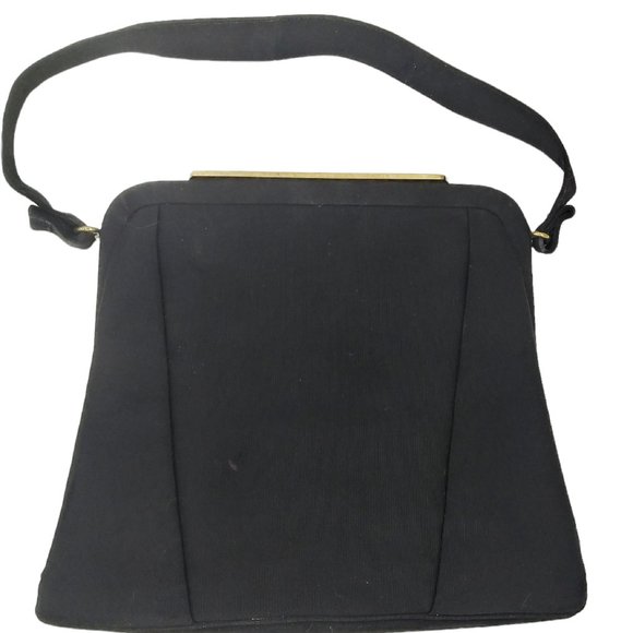 Vintage 1960s Crown Lewis Black Rayon Trapezoid Handbag Purse - Picture 2 of 9